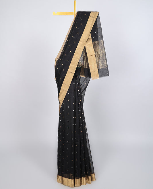 Black chanderi cotton saree with all-over buttas, plain border & pallu of stripes