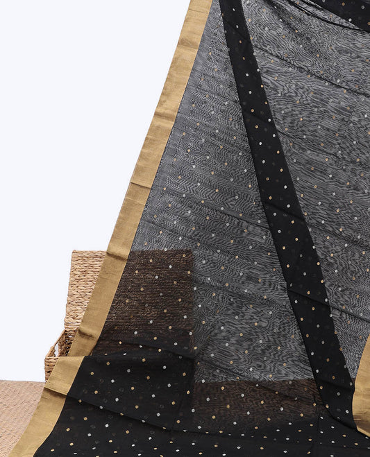 Black chanderi cotton saree with all-over buttas, plain border & pallu of stripes