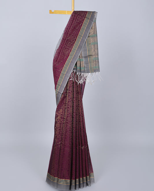 Purple silk cotton saree with zari designs, contrast zari striped border & pallu of floral designs
