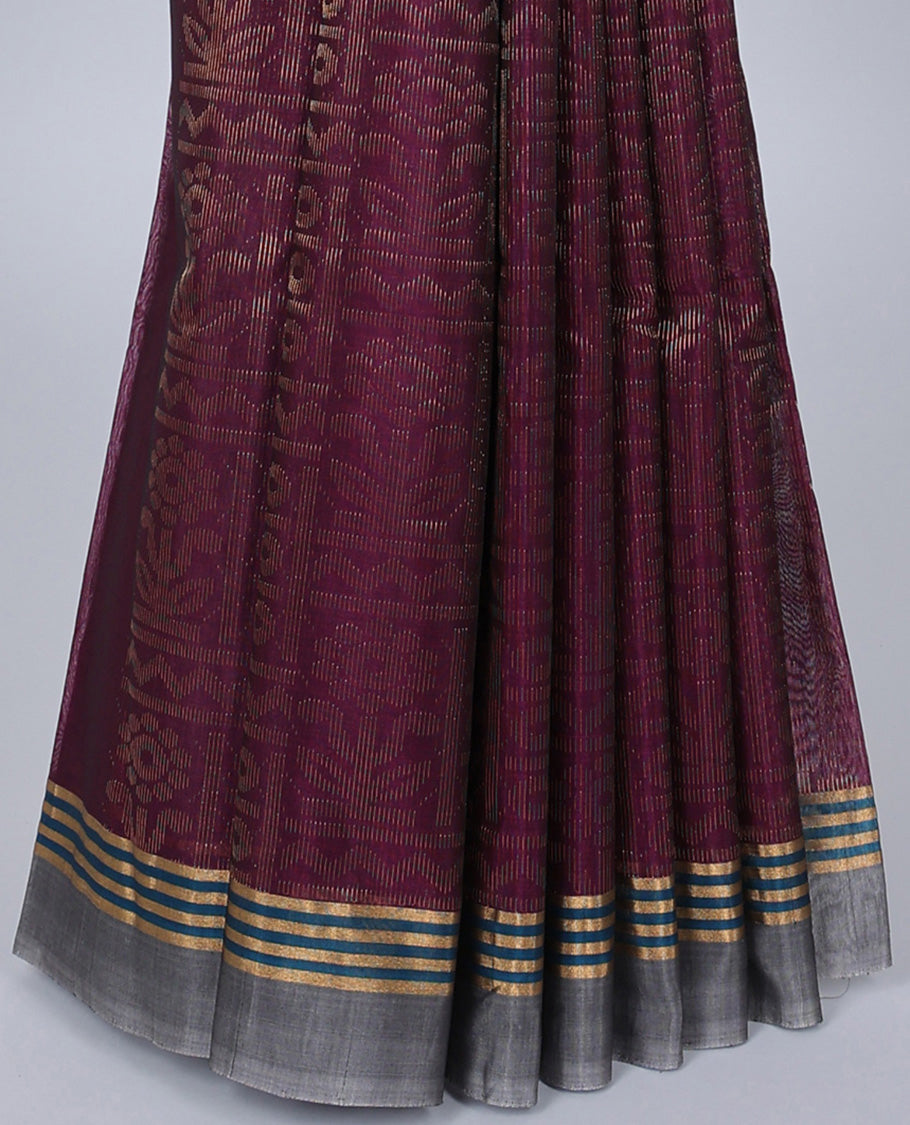 Purple silk cotton saree with zari designs, contrast zari striped border & pallu of floral designs