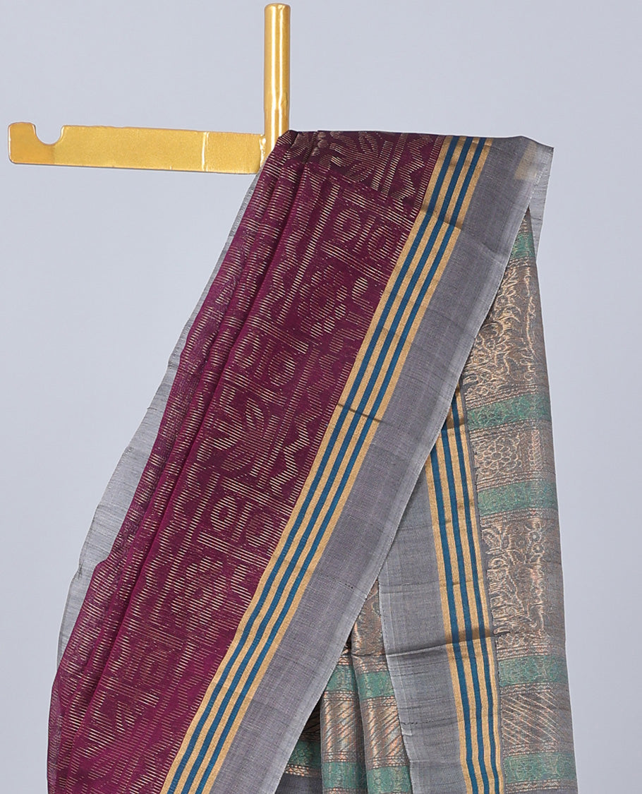 Purple silk cotton saree with zari designs, contrast zari striped border & pallu of floral designs