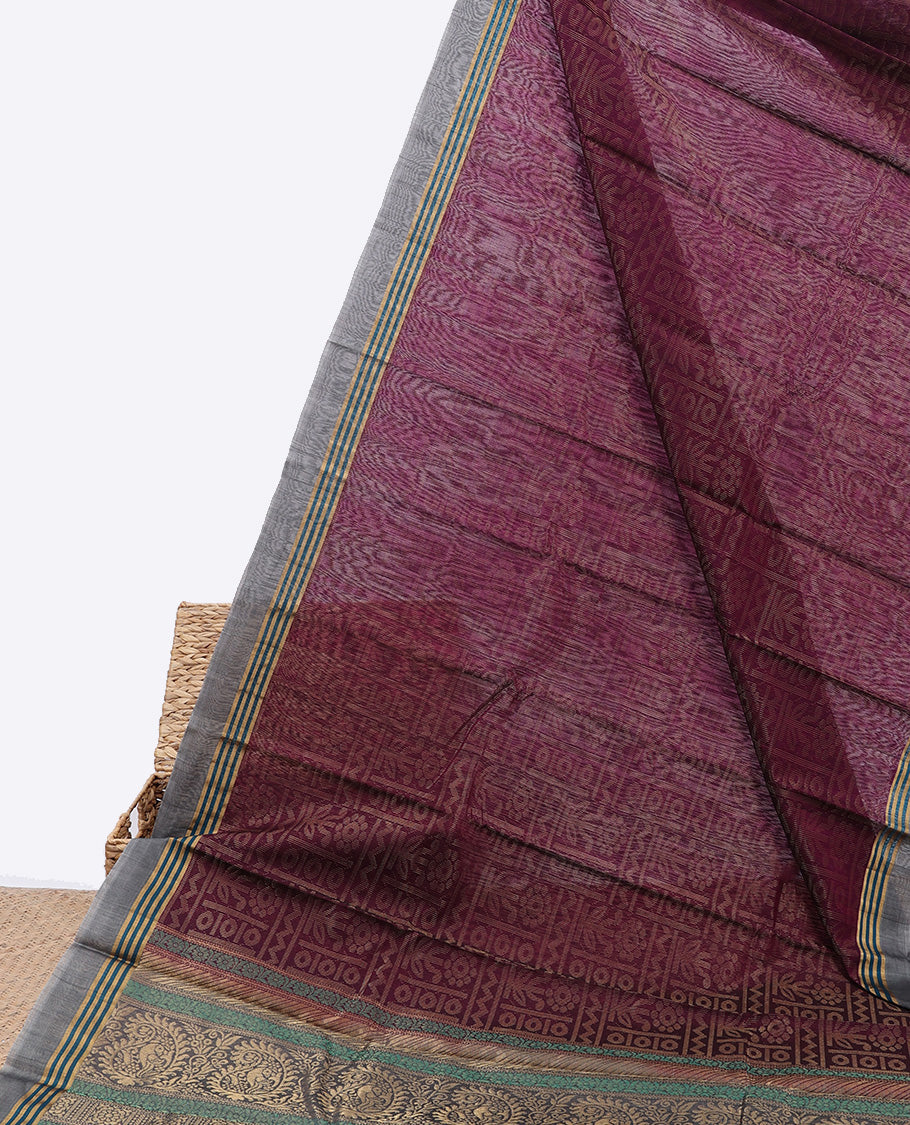 Purple silk cotton saree with zari designs, contrast zari striped border & pallu of floral designs
