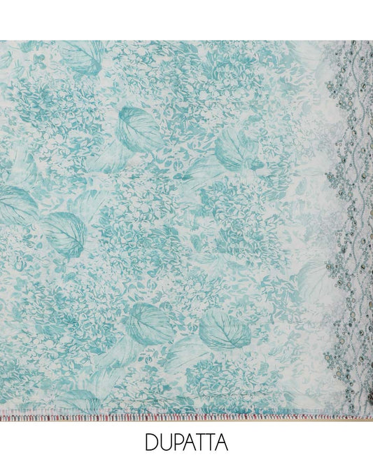 Blue material chudidhar set, unique print top, plain bottom & floral print & cut work embroidery dupatta