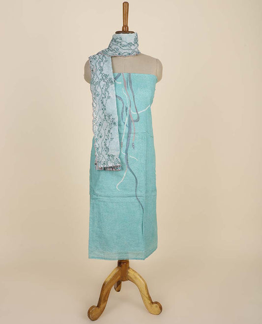 Blue material chudidhar set, unique print top, plain bottom & floral print & cut work embroidery dupatta