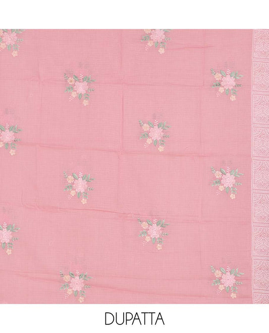 Pink material chudidhar set, intricately embroidered top, plain bottom & floral embroidered dupatta