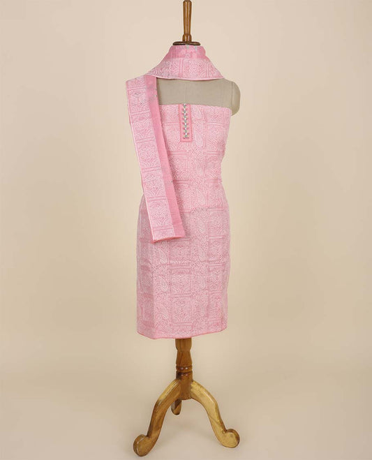 Pink material chudidhar set, intricately embroidered top, plain bottom & floral embroidered dupatta