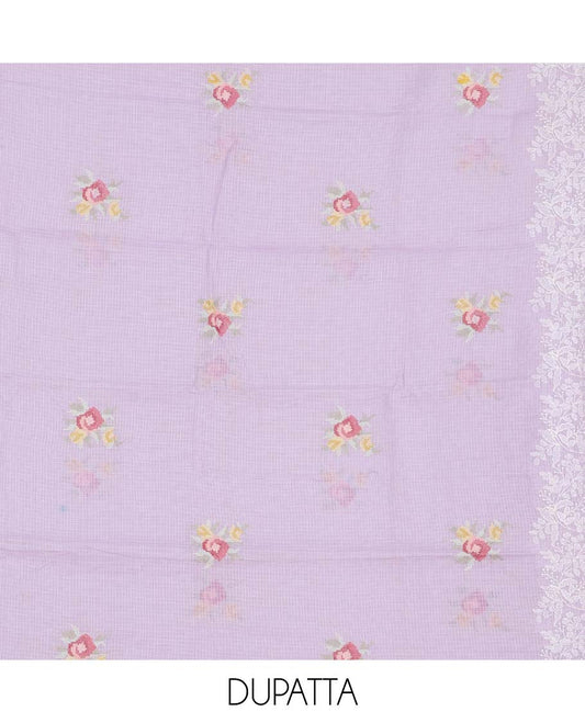 Lavender material chudidhar set, floral vine embroidered top, plain bottom & floral thread work dupatta
