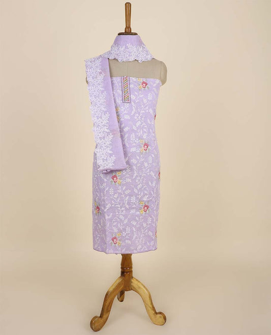 Lavender material chudidhar set, floral vine embroidered top, plain bottom & floral thread work dupatta