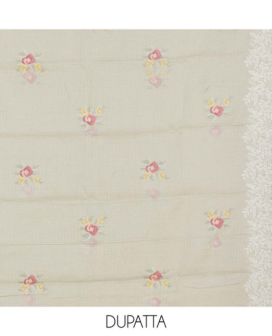 Beige material chudidhar set, floral vine embroidered top, plain bottom & floral thread work dupatta