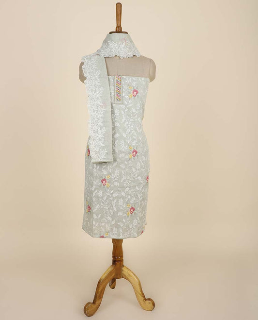 Beige material chudidhar set, floral vine embroidered top, plain bottom & floral thread work dupatta