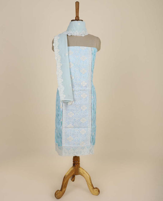 Blue material chudidhar set, uniquely designed top, plain bottom & embroidered dupatta