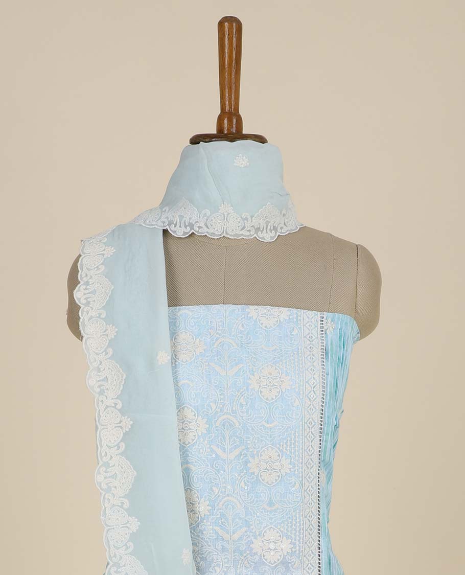 Blue material chudidhar set, uniquely designed top, plain bottom & embroidered dupatta