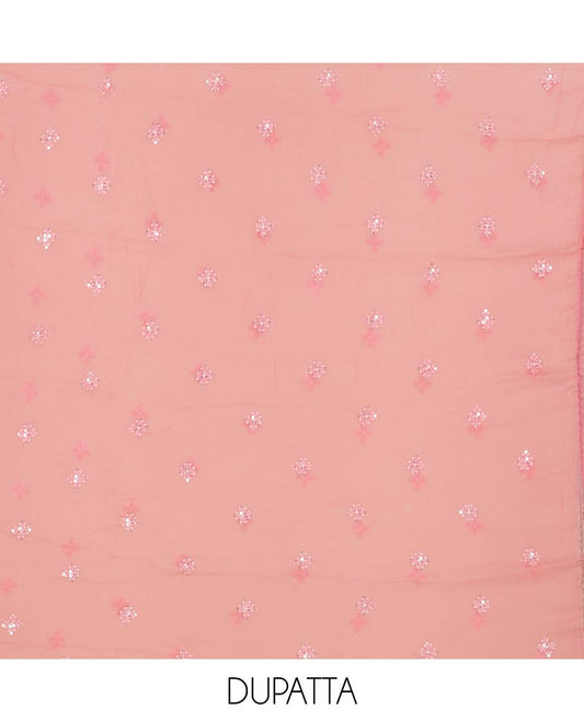 Pink material chudidhar set, floral print & embroidered top, plain bottom & floral embroidered dupatta