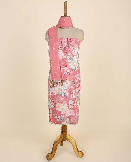 Pink material chudidhar set, floral print & embroidered top, plain bottom & floral embroidered dupatta