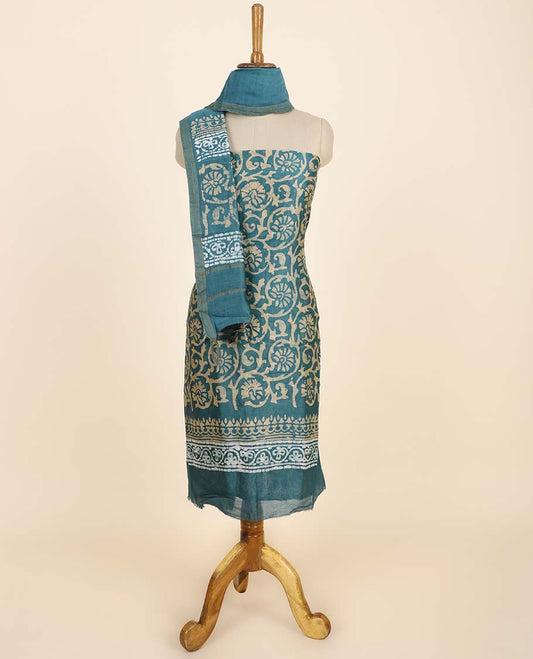 Blue material chudidhar set, floral vine printed top, plain bottom & batik-style floral printed dupatta