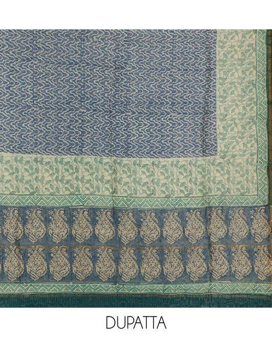 Green material chudidhar set, leaf vine printed top, contrast plain bottom & intricately  printed dupatta