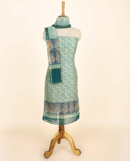 Green material chudidhar set, leaf vine printed top, contrast plain bottom & intricately  printed dupatta