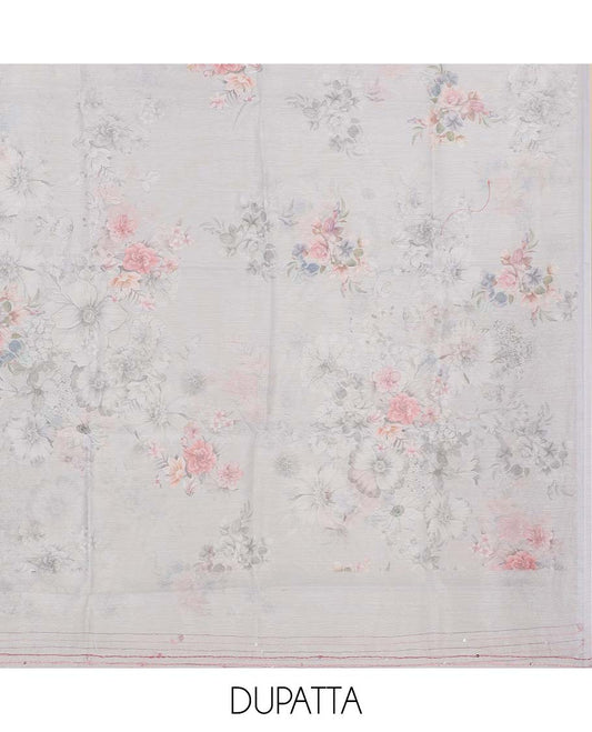 Grey material chudidhar set, floral print & embroidered top, plain bottom & floral printed dupatta