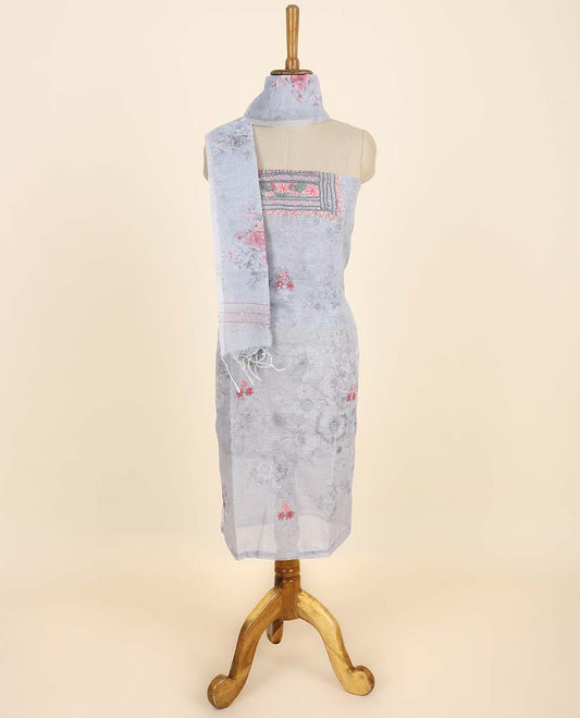 Grey material chudidhar set, floral print & embroidered top, plain bottom & floral printed dupatta