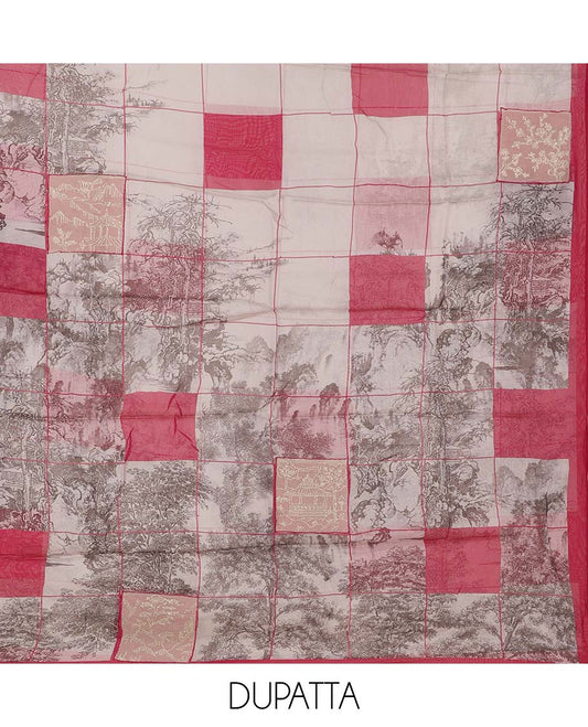 Pink material chudidhar set, unique print & embroidered top, plain bottom & checked nature-theme printed dupatta