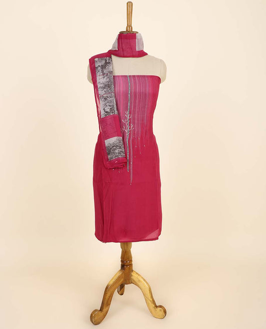 Pink material chudidhar set, unique print & embroidered top, plain bottom & checked nature-theme printed dupatta