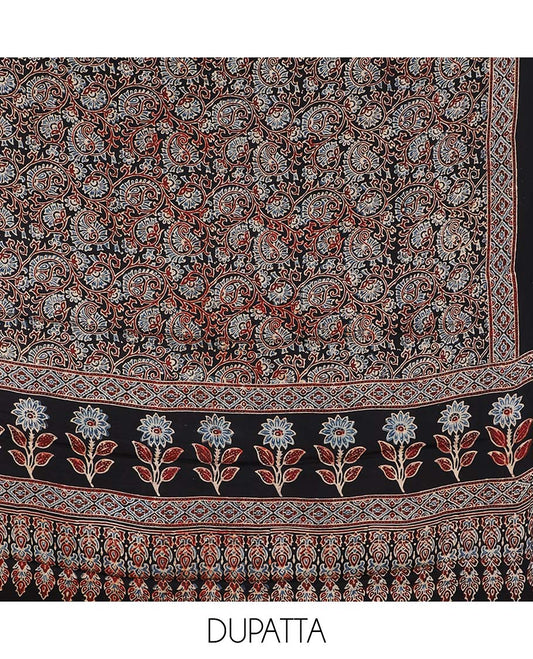 Black material chudidhar set, floral & paisley vine printed top, plain bottom & floral & paisley vine printed dupatta
