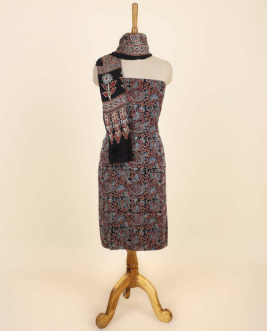 Black material chudidhar set, floral & paisley vine printed top, plain bottom & floral & paisley vine printed dupatta