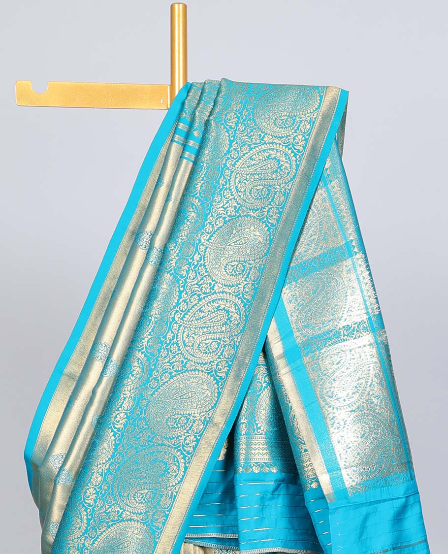 Blue paisley design Semi banaras tissue saree, border of embellished paisley motifs & intricate pallu of paisleys