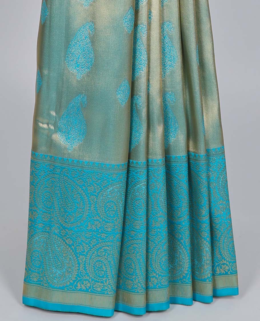 Blue paisley design Semi banaras tissue saree, border of embellished paisley motifs & intricate pallu of paisleys