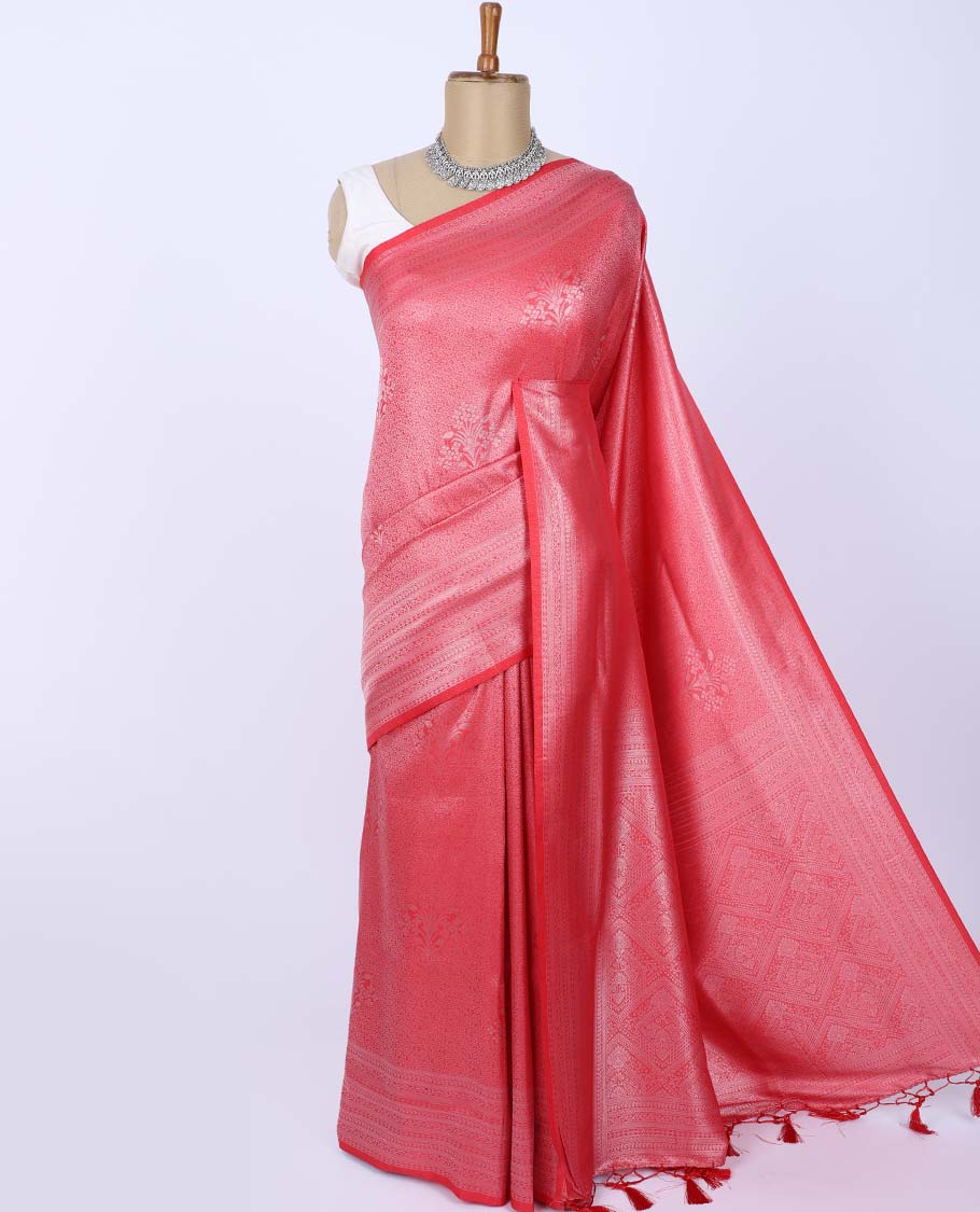 Red jacquard fancy softy silk saree, traditional design border & pallu of jaal designs