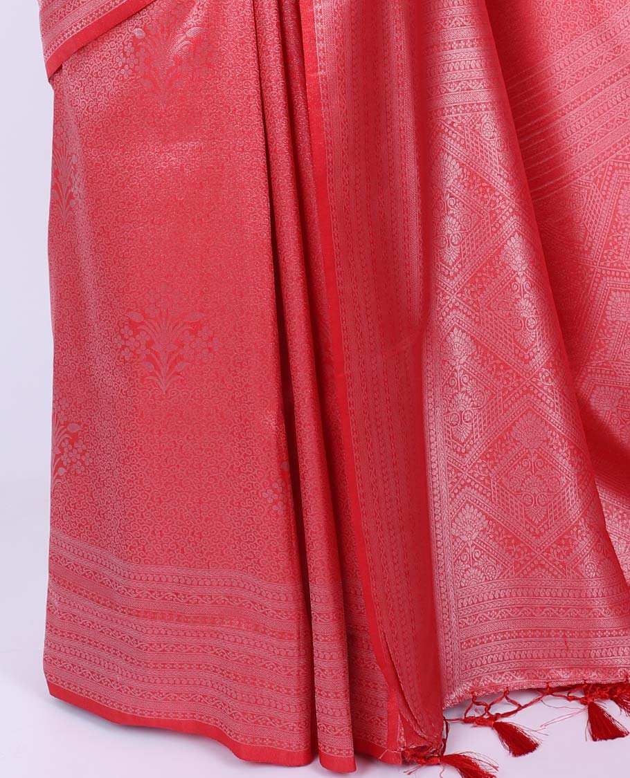 Red jacquard fancy softy silk saree, traditional design border & pallu of jaal designs