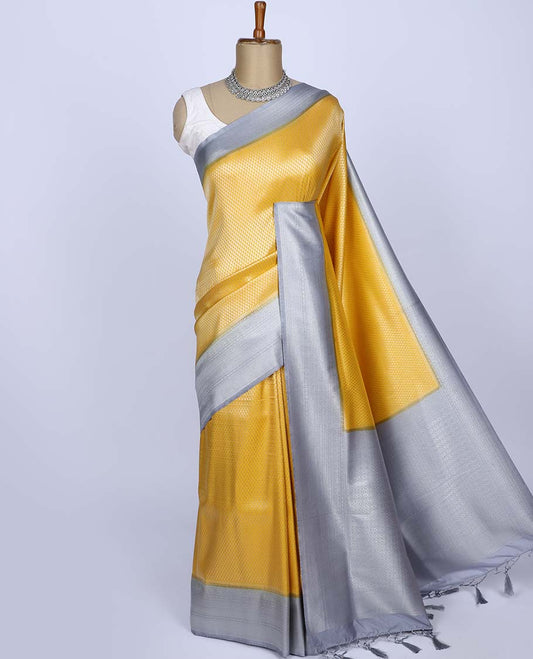 Yellow jacquard fancy softy silk saree, contrast traditional design border & pallu of jaal designs