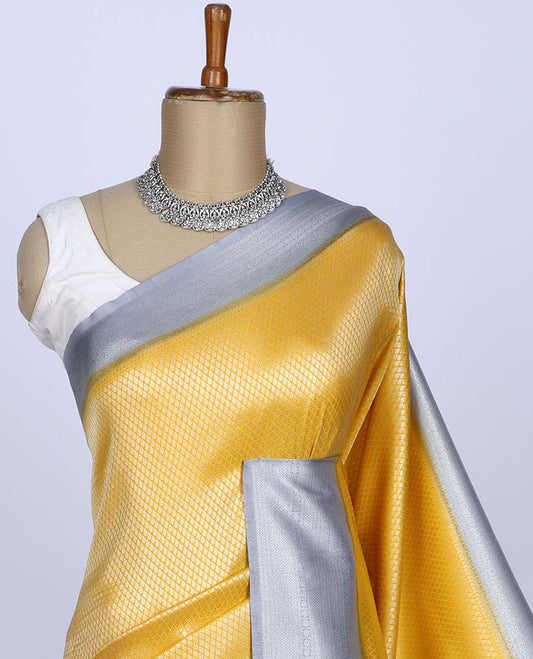 Yellow jacquard fancy softy silk saree, contrast traditional design border & pallu of jaal designs