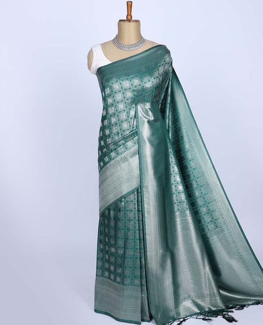 Green jacquard fancy softy silk saree, traditional design border & pallu of intricate designs