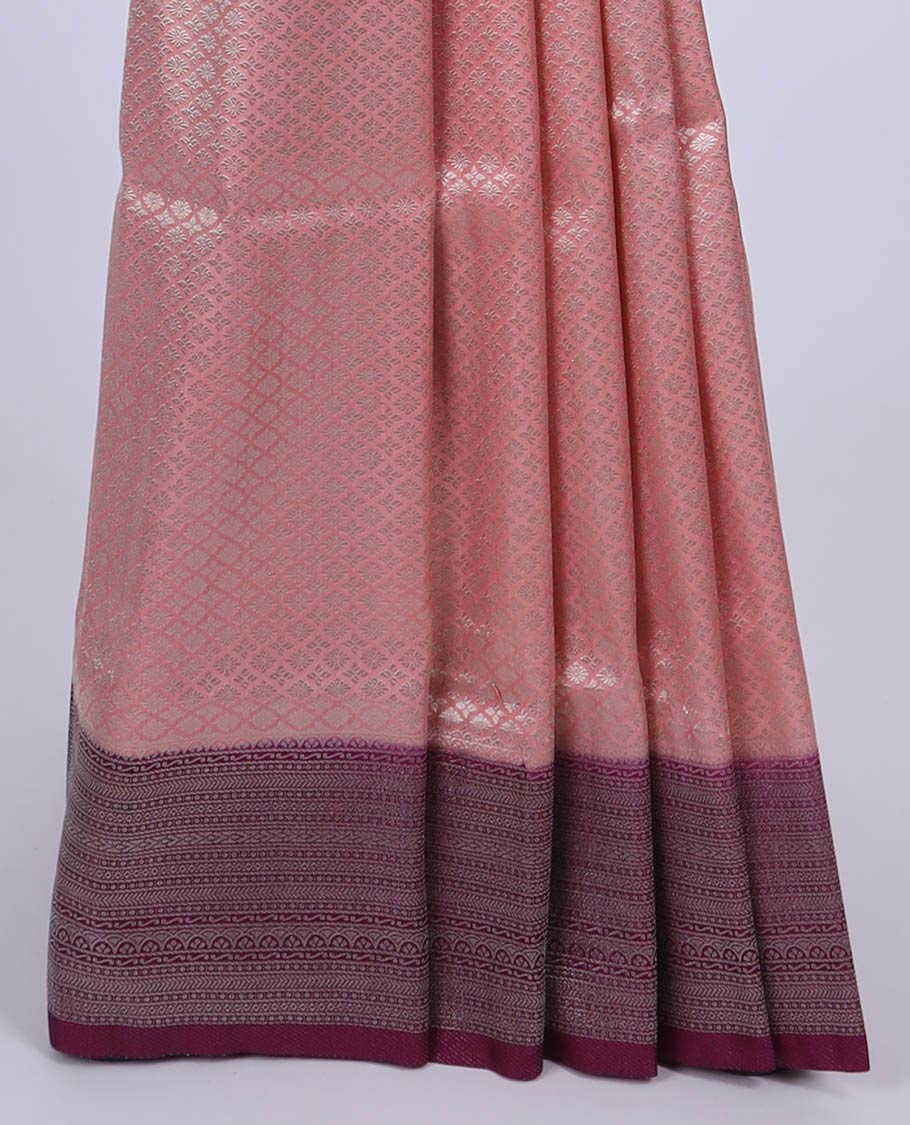 Peach jacquard fancy softy saree, contrast traditional zari design border & intricate pallu