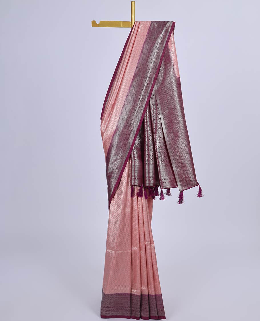 Peach jacquard fancy softy saree, contrast traditional zari design border & intricate pallu