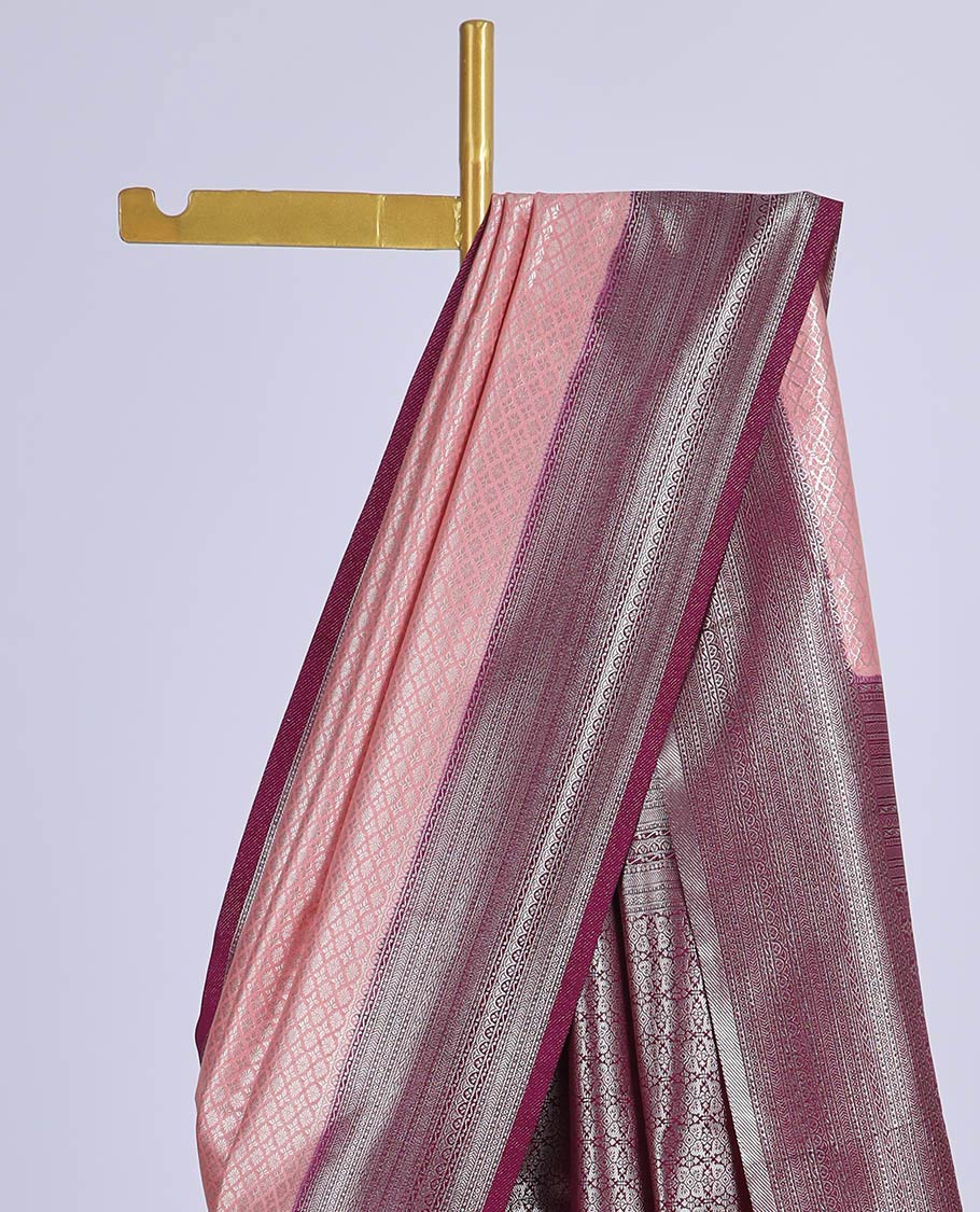Peach jacquard fancy softy saree, contrast traditional zari design border & intricate pallu
