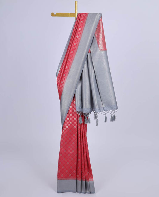 Red jacquard fancy softy saree, contrast traditional design border & intricate pallu