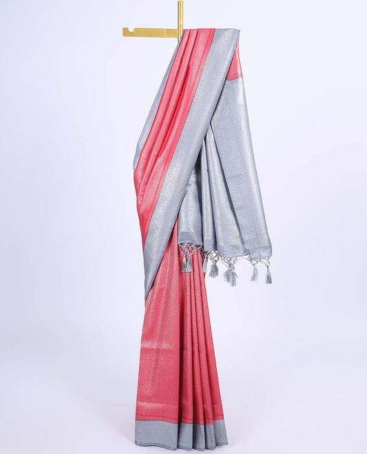 Red jacquard fancy softy saree, contrast border & pallu of traditional designs