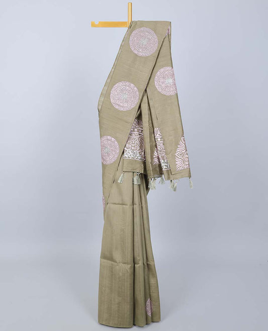 Borderless dark beige embroidered Semi banaras jute saree with buttas, embroidered pallu