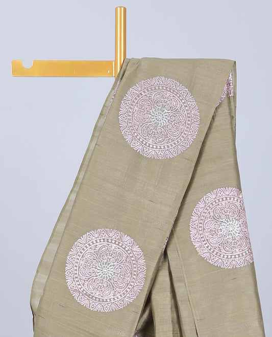 Borderless dark beige embroidered Semi banaras jute saree with buttas, embroidered pallu