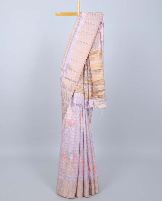 Pale pink colorful floral printed & striped Semi banaras jute saree, contrast zari border & pallu of stripes