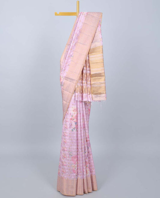 Pink colorful floral printed & striped Semi banaras jute saree, contrast zari border & pallu of stripes