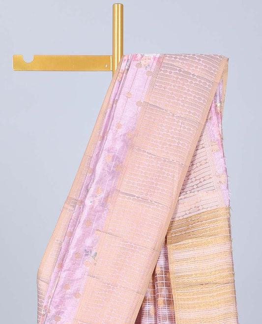 Pink colorful floral printed & striped Semi banaras jute saree, contrast zari border & pallu of stripes