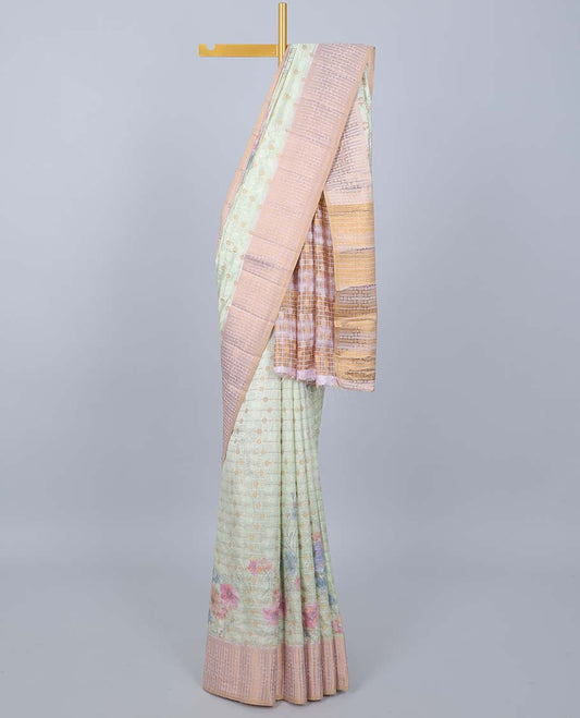Green colorful floral printed & striped Semi banaras jute saree, contrast zari border & pallu of stripes