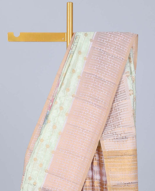 Green colorful floral printed & striped Semi banaras jute saree, contrast zari border & pallu of stripes