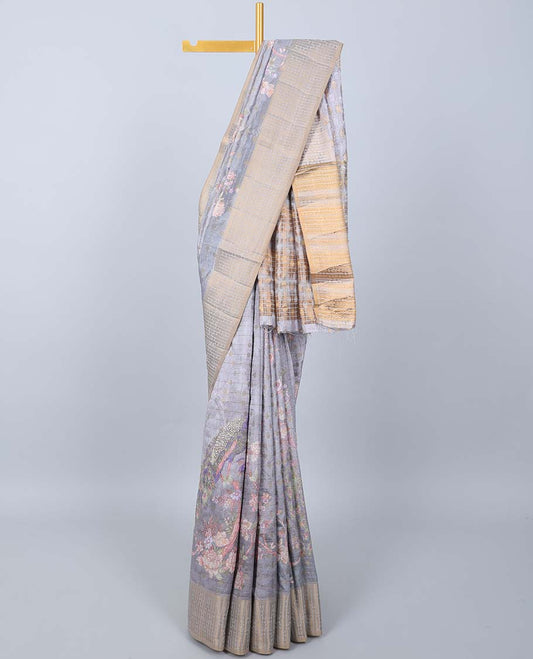 Dark grey colorful floral printed & striped Semi banaras jute saree, contrast zari border & pallu of stripes