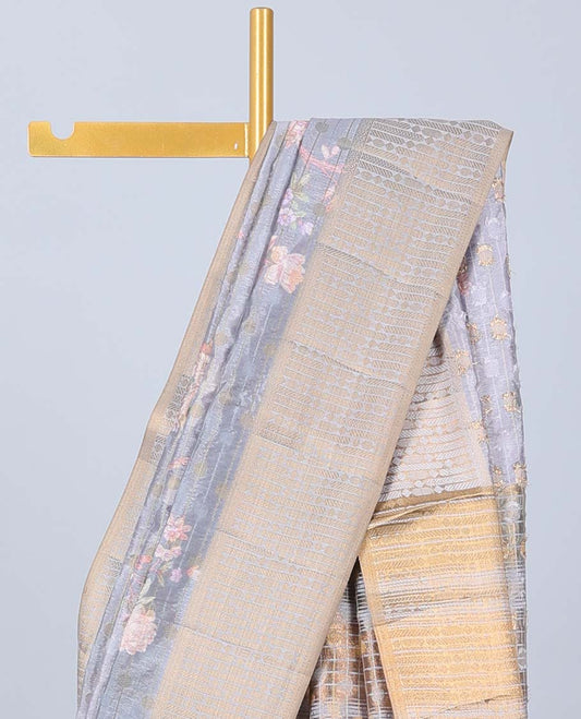 Dark grey colorful floral printed & striped Semi banaras jute saree, contrast zari border & pallu of stripes