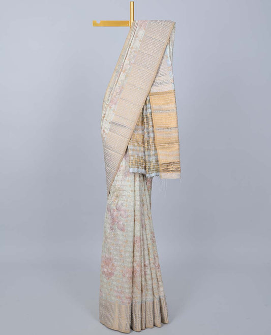 Pastel green floral printed & striped Semi banaras jute saree, contrast zari border & pallu of stripes