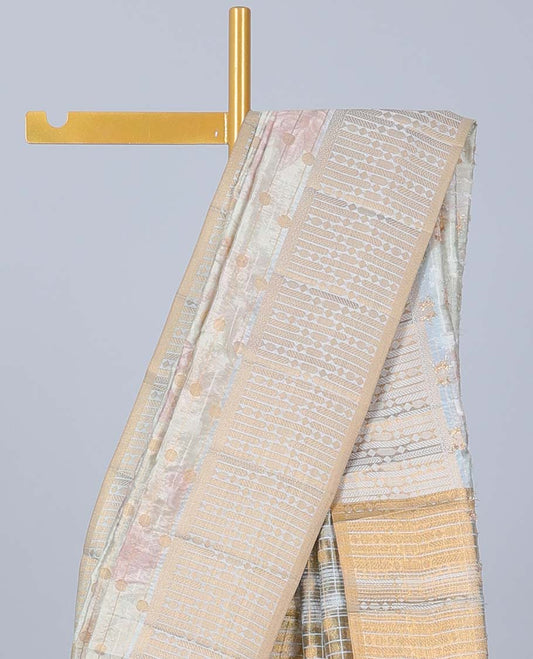 Pastel green floral printed & striped Semi banaras jute saree, contrast zari border & pallu of stripes